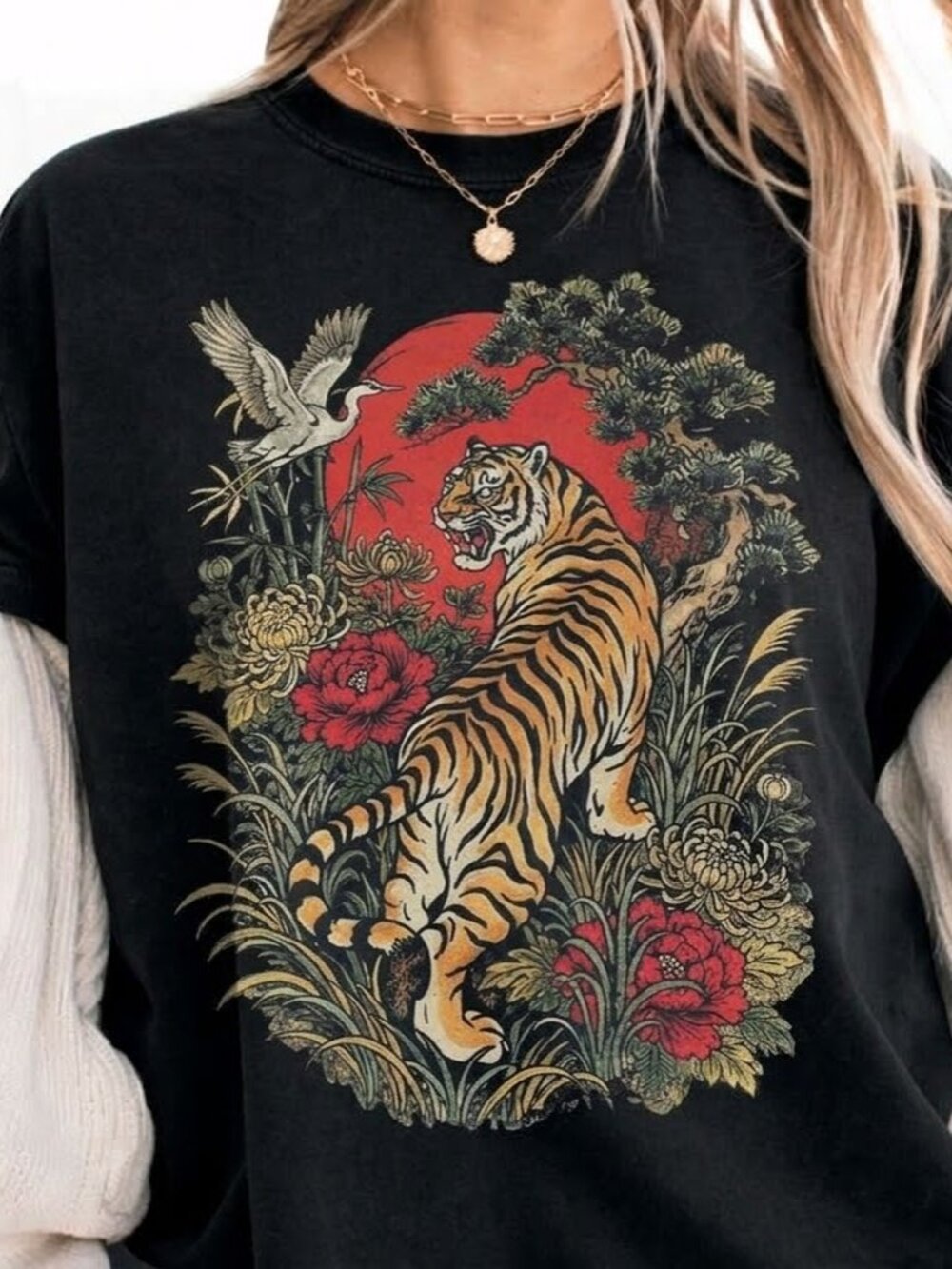 Japanese Tiger Floral Vintage Graphic Tee